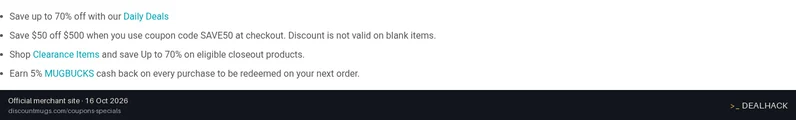 Screenshot of DiscountMugs's website on Oct 16, 2026 showing the "Save $50 on Orders of $500 or More at DiscountMugs" offer