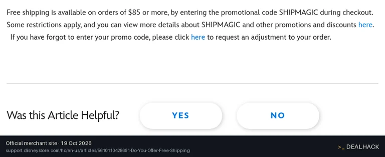Screenshot of Disney Store's website on Oct 19, 2026 showing the "Free Shipping on US Orders $85+ With Code" offer