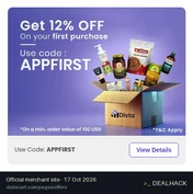 Screenshot of Distacart's website on Oct 17, 2026 showing the "12% Off First App Order" offer