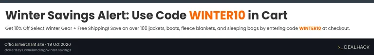 Screenshot of DollarDays's website on Oct 18, 2026 showing the "Save 10% on Select Winter Gear and Get Free Shipping" offer