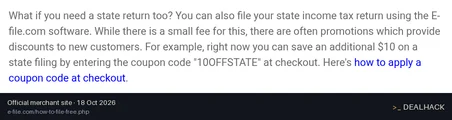 Screenshot of E-file.com's website on Oct 18, 2026 showing the "Save $10 on a State Filing" offer
