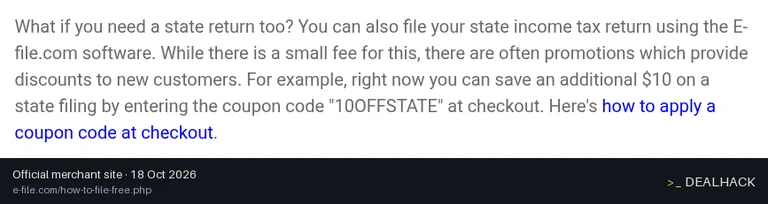 Screenshot of E-file.com's website on Oct 18, 2026 showing the "Save $10 on a State Filing" offer
