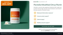 Screenshot of EcoNugenics's website on Oct 16, 2026 showing the "Save 20% on Eligible PectaSol Products" offer