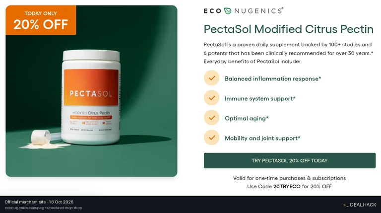 Screenshot of EcoNugenics's website on Oct 16, 2026 showing the "Save 20% on Eligible PectaSol Products" offer