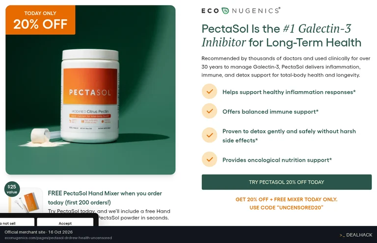 Screenshot of EcoNugenics's website on Oct 16, 2026 showing the "Save 20% on PectaSol Products" offer