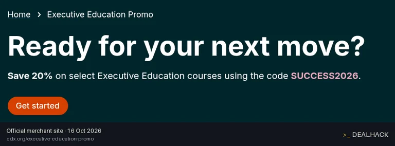Screenshot of edX's website on Oct 16, 2026 showing the "20% Off Eligible Executive Education Courses" offer
