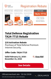 Screenshot of Electronic Express's website on Oct 16, 2026 showing the "Get $35 Rebate on Total Defense Security" offer
