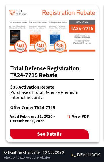 Screenshot of Electronic Express's website on Oct 16, 2026 showing the "Get $35 Rebate on Total Defense Security" offer