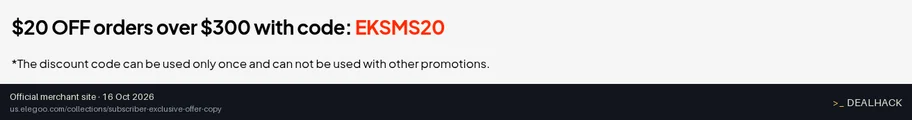 Screenshot of ELEGOO's website on Oct 16, 2026 showing the "$20 Off Orders Over $300" offer