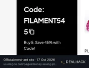Screenshot of ELEGOO's website on Oct 17, 2026 showing the "Take 45% Off Clearance Filament" offer