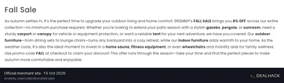 Screenshot of Erommy's website on Oct 15, 2026 showing the "Save 8% Off Fall Collection Sitewide" offer