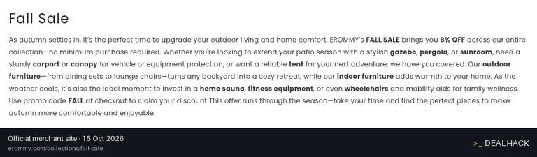 Screenshot of Erommy's website on Oct 15, 2026 showing the "Save 8% Off Fall Collection Sitewide" offer