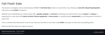 Screenshot of Erommy's website on Oct 15, 2026 showing the "Save 10% Off Fall Flash Sale Items" offer