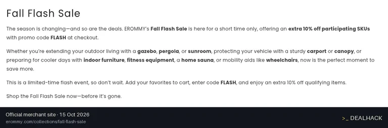 Screenshot of Erommy's website on Oct 15, 2026 showing the "Save 10% Off Fall Flash Sale Items" offer