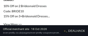 Screenshot of Ever-Pretty's website on Oct 18, 2026 showing the "Save 10% on 2 Bridesmaid Dresses" offer