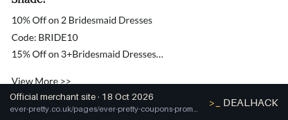 Screenshot of Ever-Pretty's website on Oct 18, 2026 showing the "Save 10% on 2 Bridesmaid Dresses" offer
