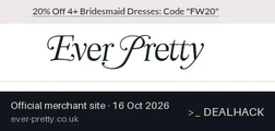 Screenshot of Ever-Pretty's website on Oct 16, 2026 showing the "Save 20% on 4+ Bridesmaid Dresses" offer