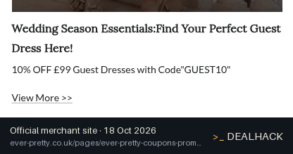 Screenshot of Ever-Pretty's website on Oct 18, 2026 showing the "Save 10% on Guest Dresses £99+" offer