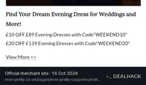 Screenshot of Ever-Pretty's website on Oct 16, 2026 showing the "Save £10 on Evening Dresses £89+" offer