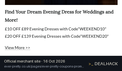 Screenshot of Ever-Pretty's website on Oct 16, 2026 showing the "Save £10 on Evening Dresses £89+" offer