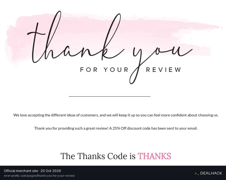 Screenshot of Ever-Pretty's website on Oct 20, 2026 showing the "Get 25% Off After Submitting a Review" offer