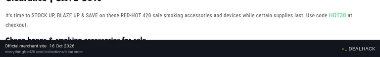 Screenshot of Everything 420's website on Oct 16, 2026 showing the "30% Off Clearance Items" offer