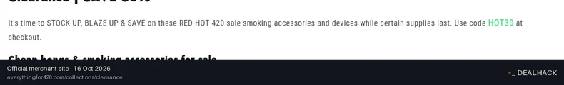 Screenshot of Everything 420's website on Oct 16, 2026 showing the "30% Off Clearance Items" offer