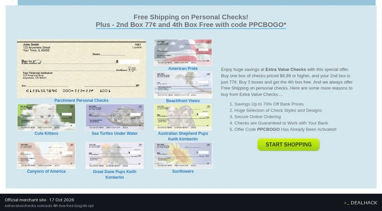 Screenshot of Extra Value Checks's website on Oct 17, 2026 showing the "Buy 1 Box Get 2nd for 77 & 4th Free + Free Shipping" offer