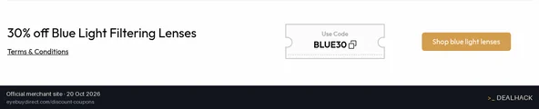 Screenshot of EyeBuyDirect's website on Oct 20, 2026 showing the "30% Off Blue Light Filtering Lenses" offer