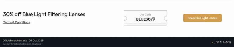 Screenshot of EyeBuyDirect's website on Oct 20, 2026 showing the "30% Off Blue Light Filtering Lenses" offer