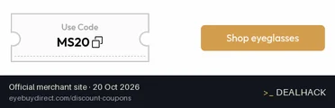 Screenshot of EyeBuyDirect's website on Oct 20, 2026 showing the "Take 20% Off Your Purchase at EyeBuyDirect" offer