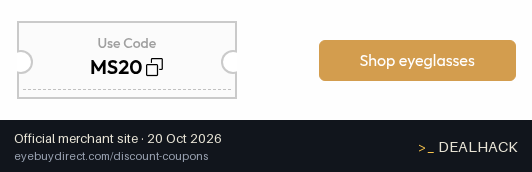 Screenshot of EyeBuyDirect's website on Oct 20, 2026 showing the "Take 20% Off Your Purchase at EyeBuyDirect" offer
