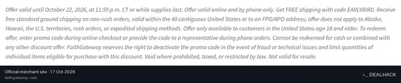 Screenshot of FaithGateway's website on Oct 17, 2026 showing the "Take 50% Off Storewide at FaithGateway" offer