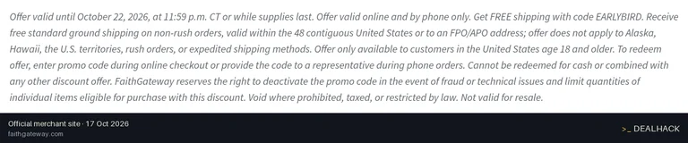 Screenshot of FaithGateway's website on Oct 17, 2026 showing the "Take 50% Off Storewide at FaithGateway" offer