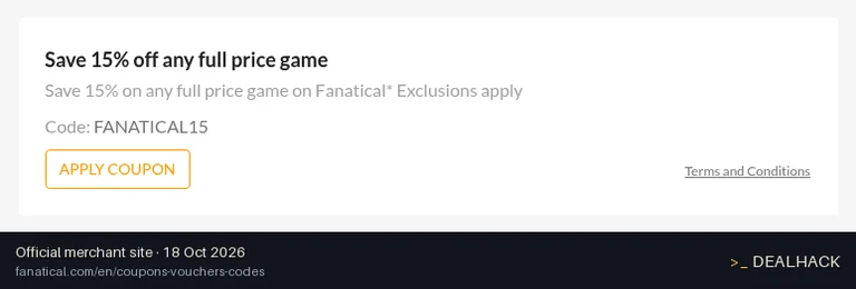 Screenshot of Fanatical's website on Oct 18, 2026 showing the "15% Off Full-Price Games at Fanatical" offer