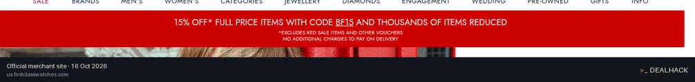 Screenshot of First Class Watches's website on Oct 16, 2026 showing the "Save 15% on Full-Price Items" offer