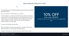 Screenshot of First Class Watches's website on Oct 16, 2026 showing the "10% Off BOSS Watches" offer