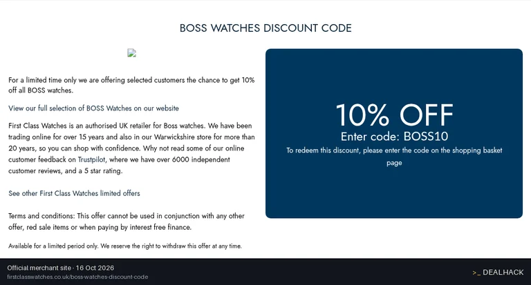 Screenshot of First Class Watches's website on Oct 16, 2026 showing the "10% Off BOSS Watches" offer