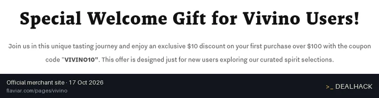 Screenshot of Flaviar's website on Oct 17, 2026 showing the "Get $10 Off Your First Purchase Over $100" offer