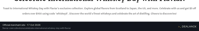 Screenshot of Flaviar's website on Oct 17, 2026 showing the "Save $5 on Flaviar Orders Over $100" offer