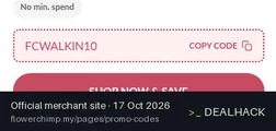 Screenshot of Flower Chimp's website on Oct 17, 2026 showing the "Save 10% on Bandar Sunway Self-Pickup" offer