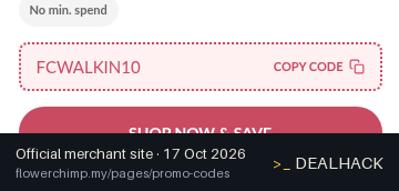 Screenshot of Flower Chimp's website on Oct 17, 2026 showing the "Save 10% on Bandar Sunway Self-Pickup" offer