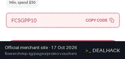 Screenshot of Flower Chimp's website on Oct 17, 2026 showing the "Save 10% on Your First Singapore Order" offer