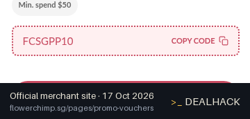 Screenshot of Flower Chimp's website on Oct 17, 2026 showing the "Save 10% on Your First Singapore Order" offer