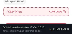 Screenshot of Flower Chimp's website on Oct 17, 2026 showing the "Save 10% on Your First Malaysia Order" offer
