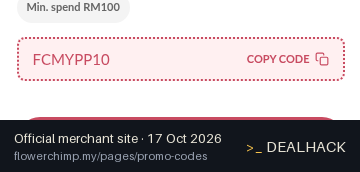 Screenshot of Flower Chimp's website on Oct 17, 2026 showing the "Save 10% on Your First Malaysia Order" offer