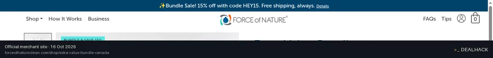 Screenshot of Force of Nature's website on Oct 16, 2026 showing the "Save 15% on Bundles + Free Shipping" offer