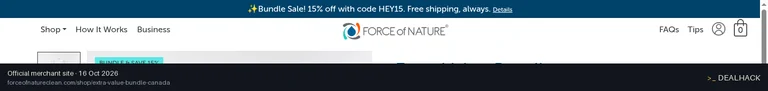 Screenshot of Force of Nature's website on Oct 16, 2026 showing the "Save 15% on Bundles + Free Shipping" offer