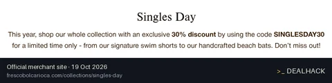 Screenshot of Frescobol Carioca's website on Oct 19, 2026 showing the "30% Off the Whole Collection for Singles Day" offer