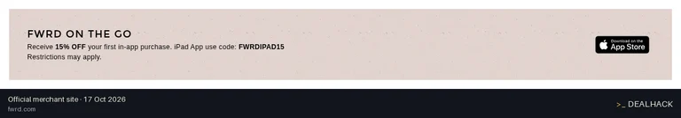 Screenshot of FWRD's website on Oct 17, 2026 showing the "15% Off In-App Purchases at FWRD" offer